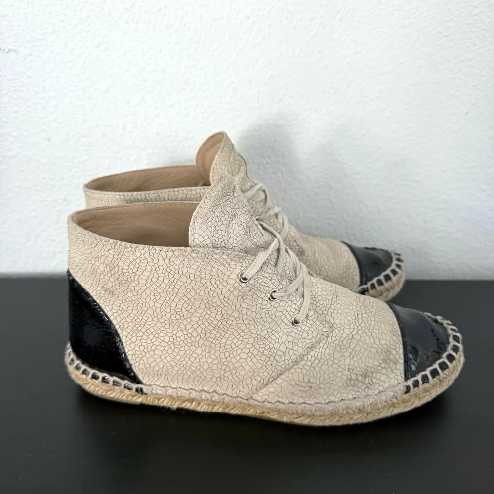 Chanel Two Tone Crackle Leather CC Logo Espadrille Lace Up High Top Sneakers